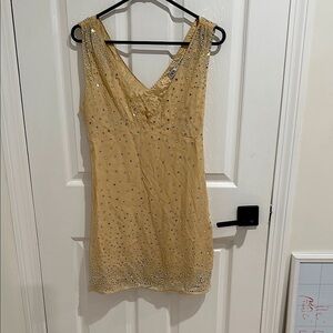 Zara Tan Sleeveless Crystal waterfall V-Neck Sheath Mini Dress for Night Out